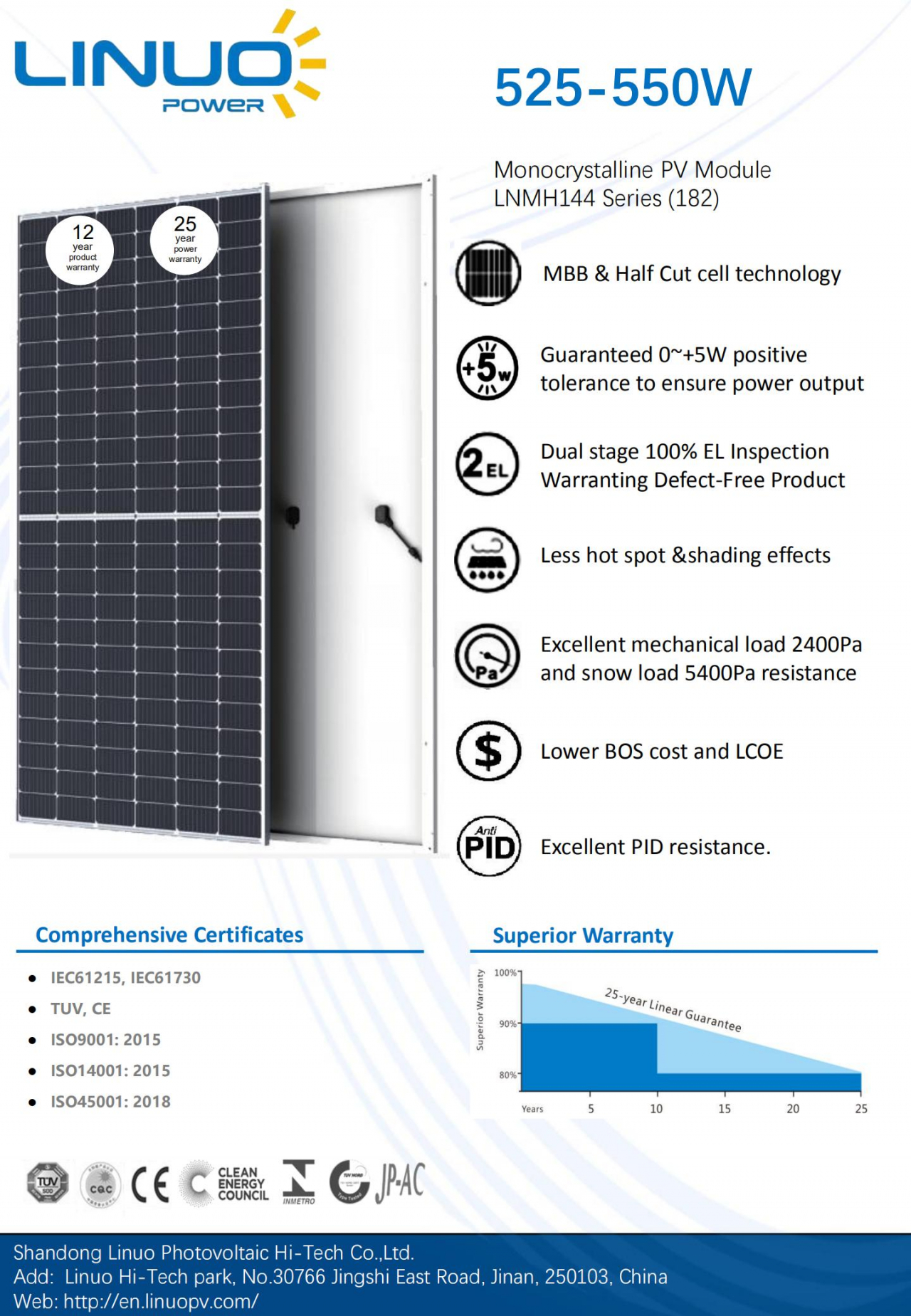 Linuo Power LNMH144 525 550W Solar Panel Datasheet ENF Panel