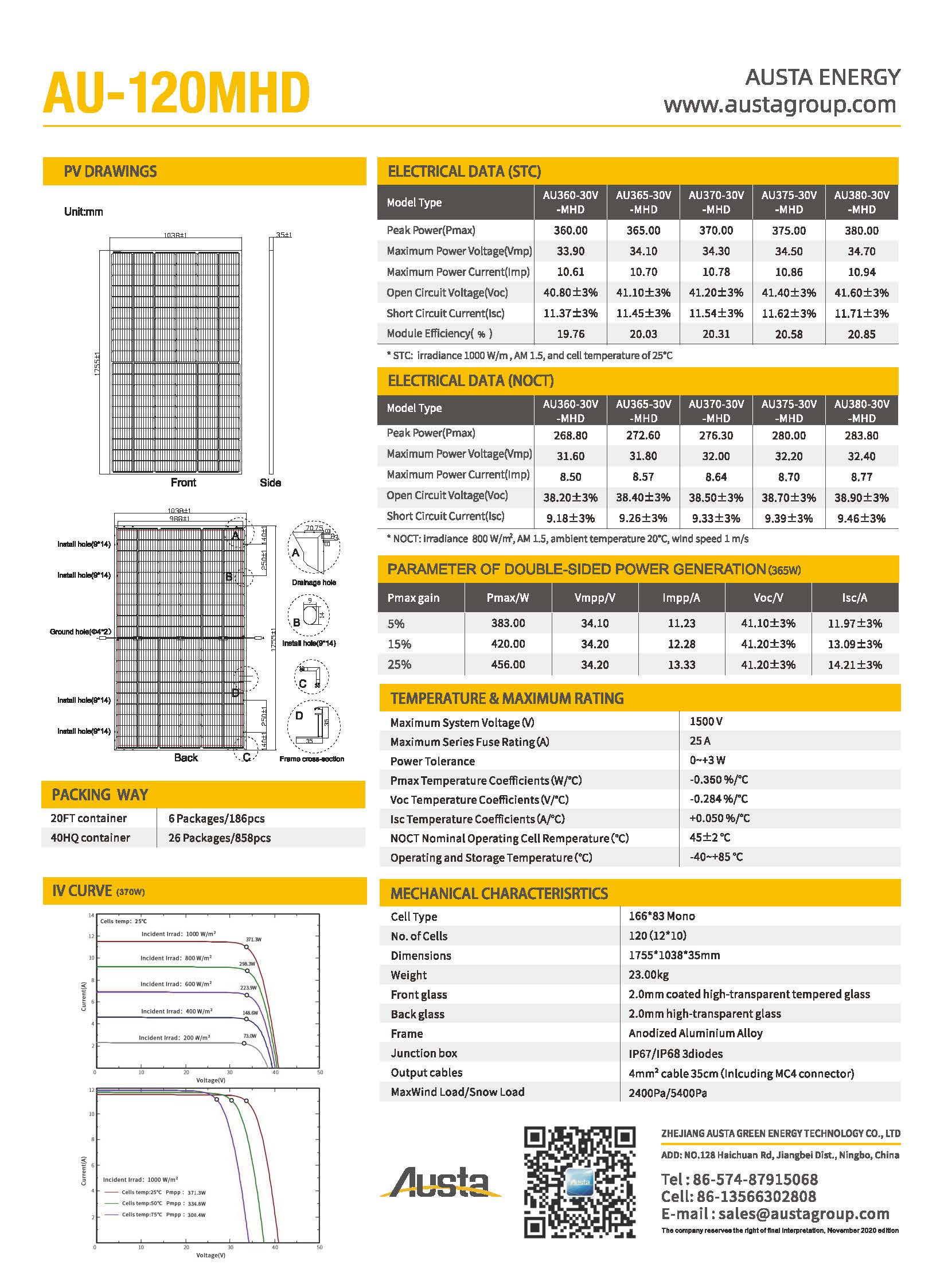 Austa Energy | AU-370W-30MHD | Solar Panel Datasheet | ENF Panel Directory