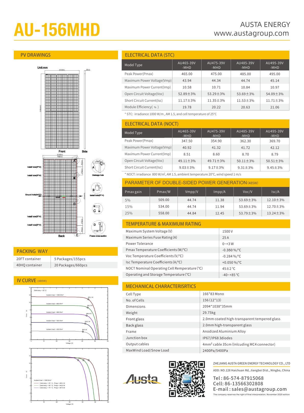 Austa Energy | AU-156MHD 465-495W | Solar Panel Datasheet | ENF Panel ...