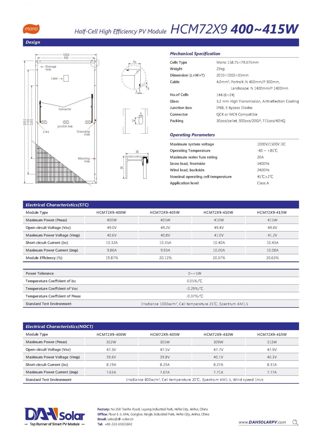 DAH Solar | HCM72X9 400-410W | Solar Panel Datasheet | ENF Panel Directory